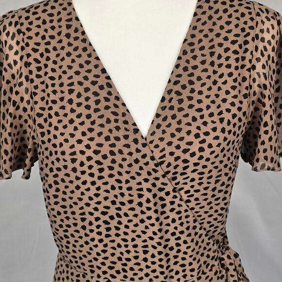 Brown & Black Cheetah Print Wrap Midi Dress, V-Neck Ruffle Hem — Size M - Picture 3 of 3